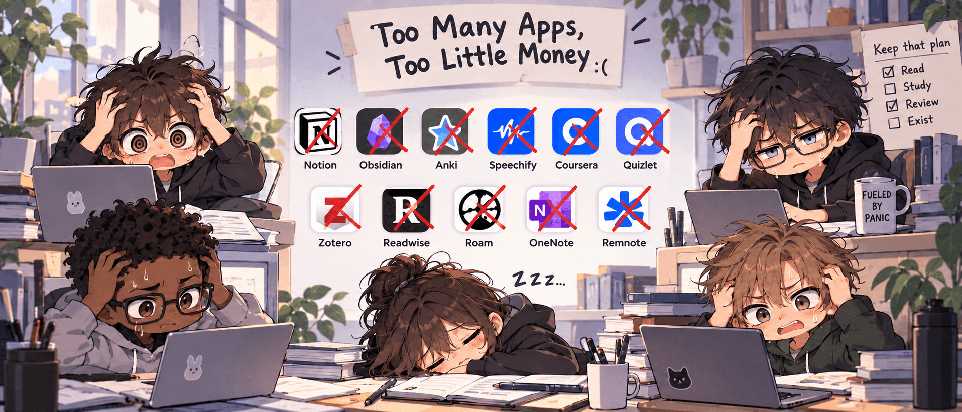 Overwhelmed students surrounded by crossed-out icons for Notion, Obsidian, Anki, Speechify, Coursera, Quizlet, Zotero, Readwise, Roam, OneNote, and Remnote, under the caption 'Too many apps, too little money.'