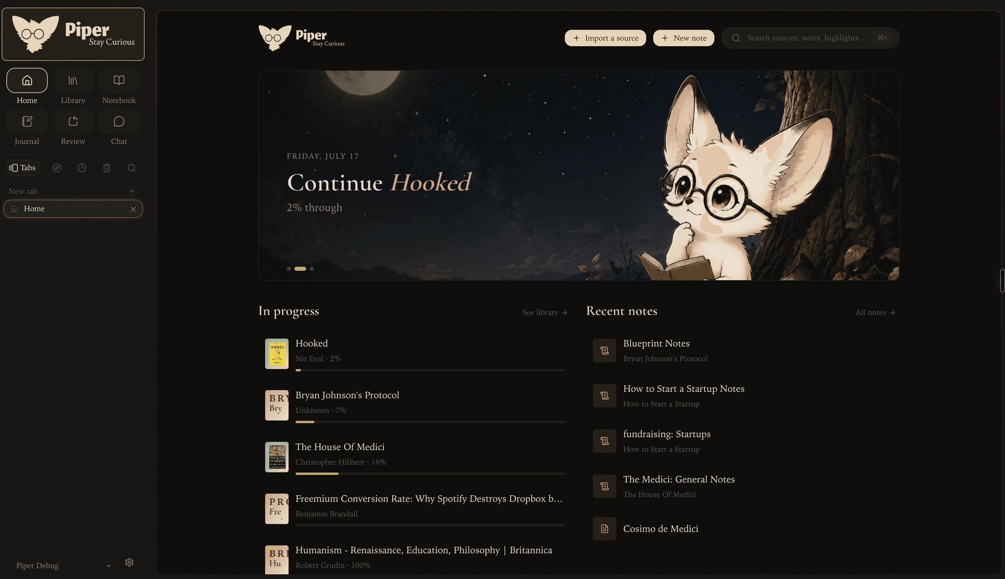 Piper at night — pick up a source where you left off