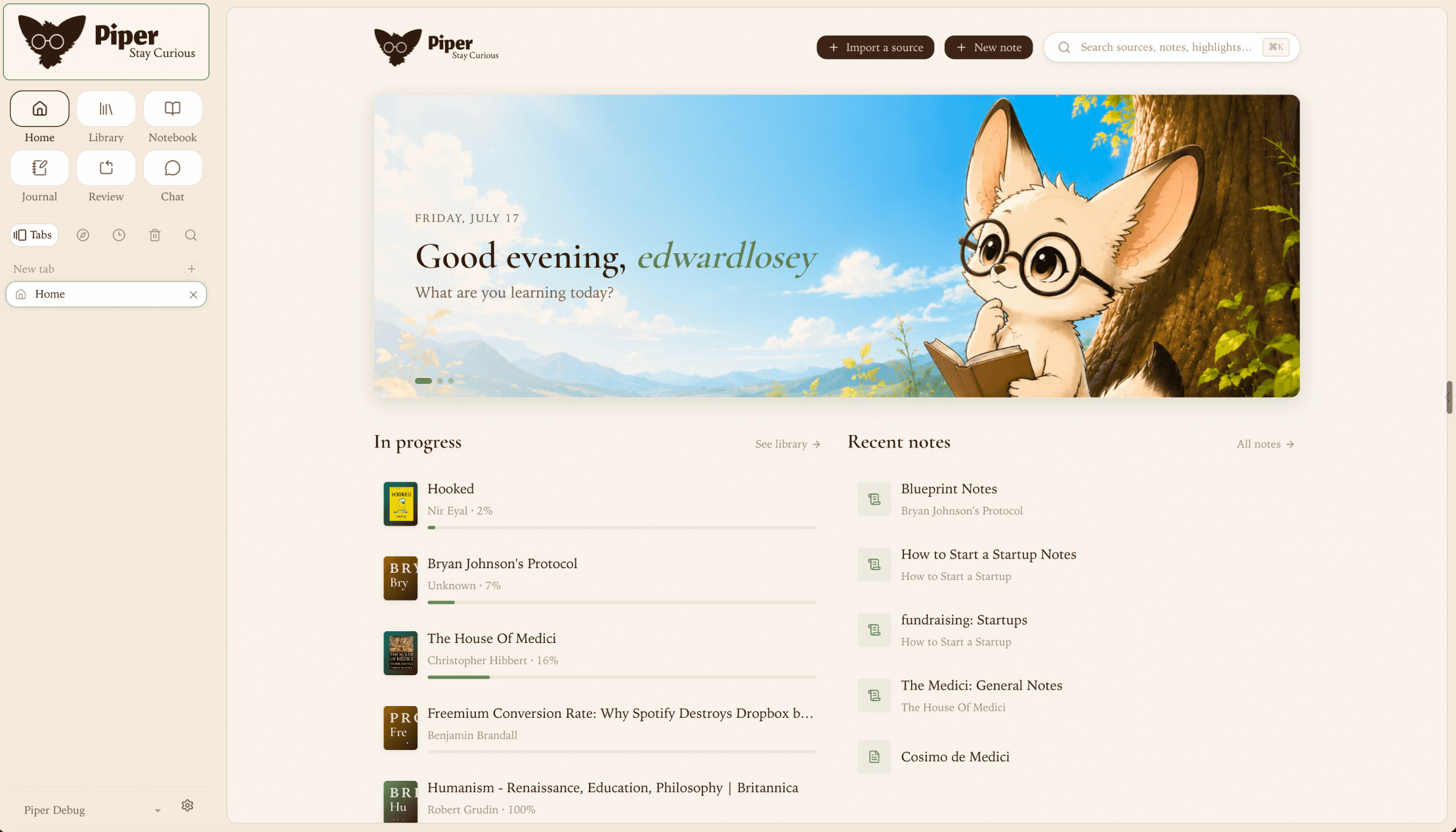 Piper library — books, papers, and articles in progress alongside recent notes